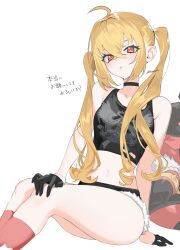 1girl absurdres ahoge alternate_costume alternate_hairstyle bare_shoulders black_choker black_gloves black_shorts blonde_hair blush choker commentary crop_top crossed_bangs cutoffs eyelashes gloves highres kneehighs long_hair looking_at_viewer luciana_de_montefio lucy&#039;s_crew_(zenless_zone_zero) micro_shorts midriff red_eyes red_socks sa_tsuko shirt shorts simple_background sitting sleeveless sleeveless_shirt socks solo_focus symbol-only_commentary thighs torn_clothes twintails white_background zenless_zone_zero