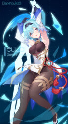1girl absurdres alternate_costume armpits arms_up artist_name bell black_bodysuit black_gloves blue_hair bodysuit boots breasts character_name claymore_(sword) commentary_request copyright_name cosplay dark_hound_3 detached_sleeves eula_(genshin_impact) foreshortening ganyu_(genshin_impact) ganyu_(genshin_impact)_(cosplay) genshin_impact gloves greatsword hair_between_eyes hair_ornament hairband highres holding holding_sword holding_weapon knees_together_feet_apart long_sleeves looking_at_viewer medium_breasts medium_hair neck_bell parted_lips sidelocks simple_background solo sweatdrop sword tassel teeth thick_thighs thighs upper_teeth_only vision_(genshin_impact) weapon weapon_on_back wide_hips wide_sleeves