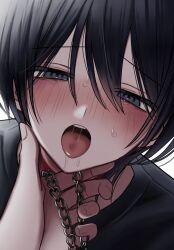 1boy 1other absurdres arata20250328 black_eyes black_hair black_shirt blush chain chain_leash collar drooling hair_between_eyes hand_on_another&#039;s_chin highres holding holding_leash leash looking_at_viewer male_focus open_mouth original pov pov_hands raised_inner_eyebrows red_collar saliva shirt short_hair simple_background sweat tearing_up teeth tongue tongue_out upper_teeth_only viewer_holding_leash white_background
