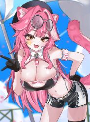 Rule 34 | 1girl, :3, absurdres, ahdoha, animal ears, armband, bare shoulders, belt, beret, black gloves, black hat, black shirt, black shorts, blue sky, blurry, blurry background, blush, breasts, cleavage, cloud, cloudy sky, collared shirt, day, eyeshadow, facial mark, fangs, flag, gloves, grey-framed eyewear, hair intakes, hat, highres, hololive, hololive english, korean commentary, large breasts, leaning forward, long hair, looking at viewer, makeup, microphone, multicolored hair, navel, open mouth, outdoors, panther ears, panther girl, panther tail, pink armband, pink eyeshadow, pink hair, pink lips, race queen, raora panthera, round eyewear, shirt, shorts, sky, sleeveless, sleeveless shirt, smile, solo, star (symbol), star facial mark, stomach, streaked hair, tail, thighs, two-tone hair, virtual youtuber, white belt, white shirt, yellow eyes, zipper