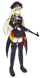 1girl aiguillette assault_rifle black_boots black_hat black_necktie black_skirt blonde_hair boots breasts buttons closed_mouth coat fanterfane full_body german_flag girls&#039;_frontline gloves green_eyes gun hat high_heel_boots high_heels highres holding holding_weapon long_hair looking_at_viewer medium_breasts military military_uniform necktie peaked_cap rifle simple_background skirt solo stg44 stg44_(girls&#039;_frontline) thigh_boots thighhighs trigger_discipline weapon white_background white_gloves