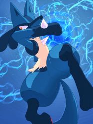 1boy animal_ears animal_feet animal_hands arms_up artist_name attack aura aura_sphere_(pokemon) black_fur blue_background blue_fur blue_theme body_fur dated energy full_body furry furry_male gen_4_pokemon highres lemonade_kokoi looking_to_the_side lucario male_focus multicolored_fur nintendo pawpads pokemon pokemon_(creature) pokemon_move red_eyes signature simple_background snout solo spikes spread_legs tail thick_thighs thighs twitter_username wolf_boy wolf_ears wolf_tail yellow_fur