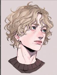 Rule 34 | 1boy, 23i2ko, aegyo sal, art program in frame, blonde hair, body freckles, commentary, curly hair, earrings, english commentary, expressionless, freckles, green eyes, jewelry, original, portrait, short hair, simple background, solo, stud earrings, sweater