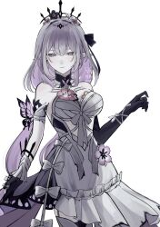 Rule 34 | 1girl, bare shoulders, black gloves, breasts, bug, butterfly, castorice (honkai: star rail), closed mouth, cowboy shot, dress, elbow gloves, flower, gloves, gradient hair, grey hair, hair ornament, hashtag-only commentary, highres, honkai: star rail, honkai (series), insect, long hair, multicolored hair, pointy ears, purple eyes, purple hair, shirayuki (shi rayu ki), simple background, solo, white background, white dress