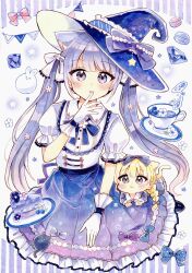 2girls animal_ear_fluff animal_ears blonde_hair blue_hat blue_skirt blueberry bow braid cake cake_slice cat_ears cat_girl cat_tail chibi collared_shirt commentary_request cup flower food fruit fushigi_na_neko_no_machi_meltier gloves gradient_clothes gradient_skirt grey_hair hand_to_own_mouth hand_up hat hat_bow highres hime_(fushigi_na_neko_no_machi_meltier) long_hair looking_at_viewer marker_(medium) mini_person minigirl multiple_girls parted_lips pennant plate puffy_short_sleeves puffy_sleeves purple_bow purple_eyes purple_skirt rucora_(fushigi_na_neko_no_machi_meltier) sakura_oriko saucer shirt short_sleeves single_braid skirt star_(symbol) string_of_flags tail tilted_headwear traditional_media twintails very_long_hair white_background white_flower white_gloves white_shirt witch_hat