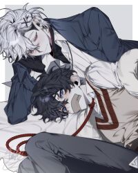 2boys 4_tanb absurdres black_gloves black_hair black_jacket black_pants blush brown_sweater_vest crying crying_with_eyes_open ear_piercing eyes_visible_through_hair gag gloves hair_ornament hair_over_one_eye hairclip highres improvised_gag jacket light_smile looking_at_another male_focus medium_hair multiple_boys original pants piercing red_eyes red_rope rope rope_necklace scar scar_on_face shirt short_hair sweater_vest tape tape_gag tears white_hair white_shirt yaoi