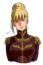 Rule 34 | 1girl, artist name, blonde hair, blue eyes, breasts, cecilia irene, commentary request, cropped torso, dated, epaulettes, gundam, gundam gquuuuuux, hair bun, highres, jacket, lipstick, long hair, looking at viewer, makeup, military, military uniform, open mouth, pgmajimaji, signature, simple background, upper body, white background, zeon