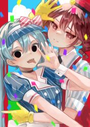 2girls arm_up black_eyes black_necktie blue_dress blue_hair blue_hat blue_sky blush bow buttons cloud collarbone collared_dress collared_shirt confetti dress drill_hair flat_chest hair_between_eyes hat hat_bow hatsune_miku hayayon highres kasane_teto lips mesmerizer_(vocaloid) multiple_girls necktie outstretched_arm outstretched_hand pants pinstripe_hat red_bow red_eyes red_hair red_hat red_pants sailor_collar sharp_teeth shirt short_sleeves sky smile smiley_hat_ornament star-shaped_pupils star_(symbol) striped_clothes striped_shirt suspenders symbol-shaped_pupils teeth tongue tongue_out twin_drills twintails two-tone_bow utau visor_cap vocaloid white_bow white_sailor_collar white_wrist_cuffs wing_collar wrist_cuffs