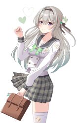 1girl absurdres bag black_hairband black_ribbon black_sailor_collar blush bow bowtie brown_bag buttons closed_mouth collared_shirt double-breasted firefly_(honkai:_star_rail) firefly_(spring_missive)_(honkai:_star_rail) gradient_hair green_bow green_bowtie green_pupils grey_hair grey_skirt hair_between_eyes hair_intakes hair_ornament hair_ribbon hairband handbag heart highres holding holding_bag honkai:_star_rail honkai_(series) long_hair multicolored_eyes multicolored_hair nail_polish niwashi_nero plaid_bow plaid_bowtie plaid_clothes pleated_skirt ribbon sailor_collar shirt simple_background skirt smile solo thighhighs white_background white_shirt white_thighhighs