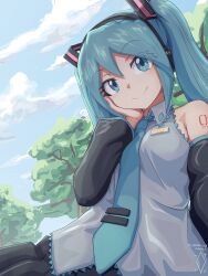1girl aqua_eyes aqua_hair aqua_necktie armpits black_skirt breasts closed_mouth cloud detached_sleeves digiral grey_shirt hair_between_eyes hair_ornament hand_on_own_cheek hand_on_own_face hatsune_miku highres long_hair long_sleeves medium_breasts necktie shirt skirt sleeveless sleeveless_shirt smile solo tree twintails vocaloid