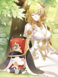Rule 34 | 1girl, 1other, absurdres, against tree, aglaea (honkai: star rail), breasts, cleavage, closed eyes, closed mouth, dress, flower, gold collar, gold tattoo, grass, hair flower, hair ornament, hakka 0922, hat, highres, honkai: star rail, honkai (series), laurel crown, multicolored hair, nose bubble, pom-pom (honkai: star rail), red hat, tree, two-tone hair, white dress, white flower