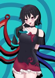 1girl absurdres adapted_costume asymmetrical_wings black_dress black_hair blue_background blue_wings blush breasts canonball_(dungigi12) closed_mouth commentary_request cowboy_shot dress earrings frilled_dress frills highres houjuu_nue jewelry korean_commentary looking_at_viewer medium_breasts pointing pointing_at_self pointy_ears red_eyes red_wings short_dress short_hair smile solo tomoe_(symbol) tongue tongue_out touhou wings