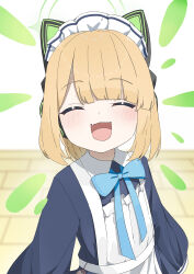 1girl :3 :d ^_^ absurdres animal_ear_headphones animal_ears apron black_dress blonde_hair blue_archive blue_bow blue_bowtie blurry blurry_background blush bow bowtie cat_ear_headphones cat_ears closed_eyes collared_dress commentary_request contrast_collar dress facing_viewer fake_animal_ears fang frilled_apron frills green_halo halo headphones heart highres ixia559 long_sleeves maid maid_apron maid_headdress medium_hair midori_(blue_archive) midori_(maid)_(blue_archive) official_alternate_costume official_alternate_hairstyle open_mouth parted_bangs ponytail puffy_long_sleeves puffy_sleeves sidelocks smile solo upper_body virtual_pet_(toy) white_apron white_background white_headdress