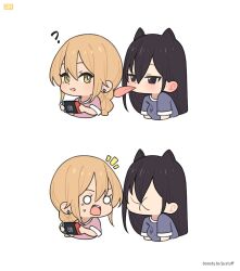 2girls aihara_mei aihara_yuzu animal_ears black_eyes black_hair blonde_hair chibi citrus_(saburouta) ear_piercing green_eyes grey_shirt hair_between_eyes handheld_game_console highres holding holding_handheld_game_console j_adsen meme multiple_girls nintendo_switch o_o piercing pink_shirt puckered_face pun shirt simple_background step-siblings surprised t-shirt thour_(meme) tongue tongue_out watermark web_address white_background