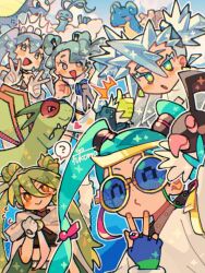 5girls :&gt; ? altaria aurorus black_choker blue_eyes blue_hair blush blush_stickers chatot choker cloak closed_eyes clothing_cutout colored_eyelashes creatures_(company) diamond_cutout dot-matrix double_bun double_v earrings eyes_visible_through_eyewear fingerless_gloves flygon flying_miku_(project_voltage) flying_sweatdrops fukomo game_freak gen_1_pokemon gen_3_pokemon gen_4_pokemon gen_6_pokemon gloves green_gloves green_hair ground_miku_(project_voltage) hair_bun hair_ornament hairclip hatsune_miku heart ice_miku_(project_voltage) jacket jewelry lapras long_hair looking_at_viewer midriff multiple_girls multiple_persona musical_note nintendo normal_miku_(project_voltage) one_eye_closed open_clothes open_jacket open_mouth orange_eyes parted_lips pendant_choker poke_ball poke_ball_(basic) pokemon pokemon_(creature) project_voltage pursed_lips ring rock_miku_(project_voltage) shirt signature single_glove smile sparkle speech_bubble spiked_hair spoken_question_mark sunglasses thumbs_up tiara twintails v vocaloid white_gloves white_shirt