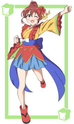 Rule 34 | 1girl, ;d, absurdres, blue eyes, blue skirt, boots, bread, brown hair, cara tesoro, character logo, commentary, emma verde, food, freckles, frilled sleeves, frills, full body, hair bun, highres, japanese clothes, kimono, kimono skirt, long hair, long sleeves, love live!, love live! nijigasaki high school idol club, love live! nijigasaki high school idol club the movie - finale, miniskirt, official alternate costume, one eye closed, open mouth, red boots, short hair, simple background, single hair bun, skirt, smile, solo, uchuu no mozuku, white background, yellow kimono