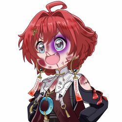 1girl ahoge artist_name blood blood_on_face blue_eyes bruise clothing_cutout danjin_(wuthering_waves) earrings fang furrowed_brow hair_intakes highres hoop_earrings injury jewelry kuro_memez open_mouth red_hair red_tabard shoulder_cutout solo tabard tacet_mark_(wuthering_waves) upper_body white_background wuthering_waves