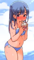 Rule 34 | 1girl, absurdres, bikini, blue bikini, blue eyes, blue hair, blush, breasts, cloud, cup, drinking straw, highres, long hair, looking at viewer, navel, open mouth, original, outdoors, polka dot, polka dot bikini, shy, sky, small breasts, solo, swimsuit, thighs, umekko