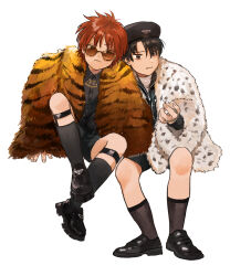 Rule 34 | 2boys, :/, :3, animal print, black hair, black shirt, black shoes, black shorts, black socks, brown eyes, chain, chain necklace, coincoinco, collared shirt, curtained hair, echizen ryooma, fingernails, full body, fur jacket, gold chain, hand up, highres, invisible chair, jacket, jewelry, knee up, kneehighs, knees, knees apart feet together, legwear garter, looking at viewer, male focus, multiple boys, narrowed eyes, necklace, parted bangs, partially unzipped, penny loafers, raised eyebrow, red hair, shirt, shoes, short hair, shorts, simple background, sitting, socks, sunglasses, tennis no ouji-sama, tiger print, tooyama kintarou, track jacket, turtleneck, unworn bracelet, white background, wispy bangs