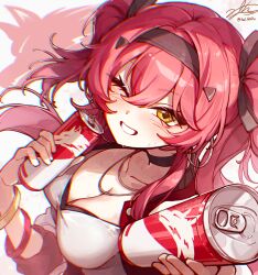 1girl absurdres alternate_costume black_bow black_choker black_hairband bow breasts can choker chromatic_aberration cleavage collarbone commentary_request drink_can hair_bow hairband heavy_chromatic_aberration highres holding holding_can korean_commentary large_breasts long_hair looking_at_viewer lupa_(wuthering_waves) multiple_hair_bows one_eye_closed pink_hair shirt signature smile solo sw_haze sweat twitter_username upper_body white_shirt wuthering_waves yellow_eyes
