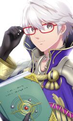 Rule 34 | 1boy, absurdres, adjusting eyewear, armor, bespectacled, book, brown eyes, citronhsp, closed mouth, commentary request, fire emblem, fire emblem awakening, fire emblem heroes, glasses, gloves, highres, holding, holding book, long sleeves, looking at viewer, male focus, male robin (exalt&#039;s other half) (fire emblem), male robin (fire emblem), nintendo, official alternate costume, red-framed eyewear, shoulder armor, smile, solo, white hair