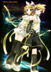 1boy 1girl aqua_eyes arm_warmers bad_id bad_pixiv_id blonde_hair blush brother_and_sister detached_sleeves hair_ornament hair_ribbon hairclip headphones highres kagamine_len kagamine_len_(append) kagamine_rin kagamine_rin_(append) leg_warmers navel nironiro ribbon short_hair shorts siblings thighhighs twins vocaloid vocaloid_append