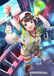 1girl :d arms_up asymmetrical_legwear backwards_hat baseball_cap blue_eyes brown_hair commentary_request copyright_notice fujisawa_one hat holding holding_megaphone hololive indoors legs_apart looking_at_viewer loose_clothes loose_shirt megaphone mismatched_legwear official_art oozora_subaru oozora_subaru_(1st_costume) open_mouth outstretched_arm oversized_clothes oversized_shirt red_hat red_thighhighs shirt shoes short_hair short_sleeves shorts smile sneakers solo standing stopwatch striped_clothes striped_shirt subaru_duck sweatband swept_bangs t-shirt teeth thighhighs tied_shirt two-tone_headwear two-tone_shirt upper_teeth_only vertical-striped_clothes vertical-striped_shirt virtual_youtuber watch whistle white_hat white_shirt white_shoes white_shorts white_thighhighs