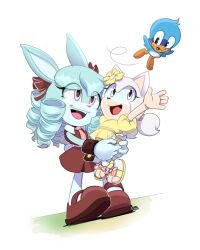 2girls animal_ears anya_the_rabbit aura_the_hedgehog bird blue_bird blue_fur blue_hair brown_dress brown_shoes dress flicky_(character) flower furry furry_female gloves highres long_hair multiple_girls open_mouth original pantyhose pink_eyes puffy_short_sleeves puffy_sleeves rabbit_ears rabbit_girl ringlets rushklysolen sandals shoes short_sleeves sonic_(series) white_fur white_gloves white_pantyhose yellow_dress yellow_flower yellow_sandals