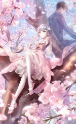 1boy :o artist_request back-to-back black_ribbon blue_hanfu brown_hair card_(medium) chinese_clothes closed_mouth collared_dress day dress english_text flower frilled_dress frills game_cg grey_eyes grey_hair hair_flower hair_ornament hanfu high_heels highres in_tree knees light_particles long_sleeves looking_at_another looking_back neck_ribbon nikki_(series) official_art outdoors pantyhose parted_lips petals pink_dress pink_flower pink_shoes pumps qin_yi ribbon see-through_clothes see-through_pantyhose see-through_sleeves shining_nikki shoes short_hair sitting spring_(season) swept_bangs thousand_dreams_(shining_nikki) tree white_pantyhose white_sleeves wide_sleeves wind yellow_eyes yexiao_(shining_nikki)