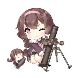 2girls :3 :d ammunition artillery_fairy_(girls&#039;_frontline) black_sailor_collar black_skirt blush blush_stickers bomb bow bowtie braid brown_dress brown_hair brown_jacket brown_shoes chibi closed_mouth dress explosive fairy_(girls&#039;_frontline) full_body fur-trimmed_jacket fur_trim girls&#039;_frontline hairband holding holding_bomb jacket kneeling long_hair long_sleeves looking_at_viewer mortar_(weapon) mortar_shell multiple_girls official_art one_eye_closed open_mouth pink_bow pink_bowtie pink_eyes pink_hairband sailor_collar saru shirt shoes shorts simple_background single_braid skirt slit_pupils smile third-party_source transparent_background v-shaped_eyes white_shirt white_shorts |_|