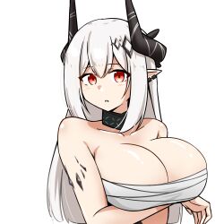1girl absurdres arknights arm_under_breasts bare_arms bare_shoulders black_horns breasts chest_sarashi cleavage collarbone commentary_request ear_piercing earrings highres horns infection_monitor_(arknights) jewelry large_breasts light_blush long_hair looking_at_viewer material_growth mudrock_(arknights) oripathy_lesion_(arknights) parted_lips partial_commentary piercing pointy_ears red_eyes sarashi simple_background solo upper_body white_background white_hair xibu_cai