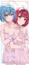 2girls absurdres ahoge alternate_costume alternate_hair_length alternate_hairstyle arm_around_neck blue_hair blush bob_cut border bow bow_hairband braid breasts camisole cleavage closed_mouth collarbone commentary_request cowboy_shot crop_top double-parted_bangs dress earrings frilled_wrist_cuffs frills grey_camisole grey_dress grey_scrunchie grey_skirt grey_wrist_cuffs hair_between_eyes hair_ornament hairband heart heart_ahoge heterochromia highres hololive houshou_marine hug hug_from_behind jewelry large_breasts long_bangs looking_at_viewer matsumoto_yuu midriff_peek miniskirt multiple_girls off-shoulder_dress off_shoulder orange_eyes pointy_ears polka_dot polka_dot_camisole polka_dot_skirt red_eyes red_hair scrunchie short_dress short_hair side_braid simple_background skirt sleepwear smile spaghetti_strap standing star_(symbol) strap_slip virtual_youtuber white_background white_bow white_hairband wrist_cuffs wrist_scrunchie yellow_eyes yukihana_lamy