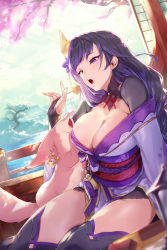 1girl braid breasts bridal_gauntlets cleavage fox genshin_impact hair_ornament highres japanese_clothes kimono large_breasts long_hair long_sleeves low-braided_long_hair low-tied_long_hair obi off_shoulder ohland open_mouth purple_eyes purple_hair purple_kimono purple_thighhighs raiden_shogun sash shrug_(clothing) thighhighs thighs wide_sleeves yae_miko yae_miko_(fox)