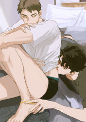2boys absurdres anklet bed black_hair black_male_underwear black_shirt brown_eyes brown_hair closed_eyes crew_neck haikyuu!! highres hk_smith_man jewelry kiss kissing_stomach knee_up looking_at_another male_focus male_underwear midriff_peek multiple_boys parted_hair pillow sakusa_kiyoomi shirt short_hair short_sleeves sitting t-shirt underwear ushijima_wakatoshi wavy_hair white_shirt yaoi