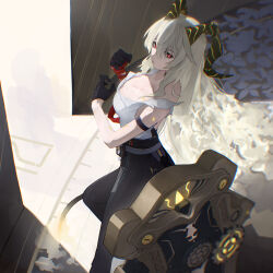 1girl absurdres arm_strap black_gloves black_horns black_pants breasts bright_pupils chromatic_aberration cleavage commentary_request curled_horns gloves hair_between_eyes high-waist_pants highres horns large_breasts looking_at_viewer mole mole_on_breast necktie necktie_around_wrists pants red_eyes red_necktie shield shirt shirt_tucked_in solo tail tight_clothes tight_pants torn_clothes torn_shirt vorlke_(nea_vorl) white_pupils white_shirt wuthering_waves zani_(wuthering_waves)