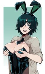 Rule 34 | 1girl, aneurysm ax, animal ears, black hair, black leotard, black necktie, breast suppress, breasts, chainsaw man, cleavage, collarbone, collared shirt, commentary, detached collar, eyepatch, fake animal ears, formal clothes, green eyes, hands on own chest, highleg, highleg leotard, highres, himeno (chainsaw man), holding, large breasts, leotard, looking at viewer, necktie, open mouth, pantyhose, playboy bunny, rabbit ears, shirt, short hair, simple background, smile, solo, stomach, strapless, strapless leotard, suit, symbol-only commentary, upper body, white shirt, wrist cuffs