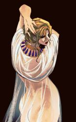 0rar0ll_oraora 1girl ancient_egyptian_clothes blonde_hair breasts cleavage dio_brando genderswap genderswap_(mtf) gold highres jewelry jojo_no_kimyou_na_bouken long_hair parted_lips red_eyes red_lips revealing_clothes see-through_cleavage see-through_clothes solo stardust_crusaders vampire wet wet_clothes