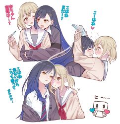 2girls azusawa_kohane beru_popooo black_cardigan black_hair black_necktie blonde_hair blue_hair blush book brown_eyes cardigan collared_shirt commentary_request earrings glaring gradient_hair hair_ornament hand_on_another&#039;s_shoulder heart highres holding holding_book holding_pen hug hug_from_behind jewelry long_sleeves looking_at_viewer multicolored_hair multiple_girls necktie orange_eyes pen project_sekai red_necktie sailor_collar school_uniform serafuku shiraishi_an shirt short_twintails simple_background sleeves_past_wrists star_(symbol) star_hair_ornament translation_request twintails white_background white_sailor_collar white_shirt yellow_shirt yuri