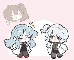 3girls angela_(project_moon) black_pantyhose black_shoes black_skirt blue_eyes blue_hair blush breasts brown_hair carmen_(project_moon) chibi closed_mouth coat faust_(project_moon) full_body grey_sweater highres kojocho05 lab_coat limbus_company lobotomy_corporation long_hair long_sleeves looking_at_another multiple_girls one_side_up pantyhose parted_bangs pink_background ponytail project_moon red_shoes shoes short_hair simple_background skirt standing sweater white_coat white_hair yellow_eyes
