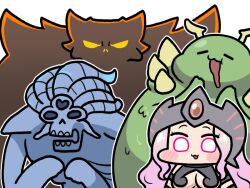 1girl 3boys borrowed_design breasts chibi cleavage commentary demon drooling english_commentary gem glowing glowing_eyes horns jazz_jack khorne long_hair medium_breasts multiple_boys nurgle outline pink_eyes pink_hair red_gemstone simple_background slaanesh third_eye tiara tzeentch underboob v-shaped_eyes warhammer_40k wavy_hair white_background yellow_eyes