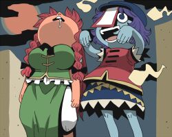 Rule 34 | 2girls, :d, black bow, blue eyes, blue hat, blue skirt, bow, braid, breasts, chinese clothes, colored skin, commentary request, cowboy shot, fingernails, full moon, ghost, green skirt, green vest, grey skin, hat, hat ornament, head back, hong meiling, jiangshi, large breasts, long hair, miyako yoshika, moon, multiple girls, newsboy cap, ofuda, ofuda over one eye, onikobe rin, open mouth, outstretched arms, purple hair, red hair, red shirt, saliva, shirt, short hair, shorts, skirt, sleeping, sleeping upright, smile, standing, star (symbol), star hat ornament, tangzhuang, teeth, tombstone, touhou, twin braids, vest, white shorts, zombie pose