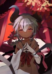 1other absurdres bare_shoulders blue_hair blue_nails blurry blurry_foreground blush bow bowtie braid brooch brown_horns brown_streaks closed_mouth collarbone colored_inner_hair commentary_request detached_sleeves dress fingerless_gloves flipped_hair floating_hair gloves gradient_hair gynoid_talk hair_between_eyes highres horns jewelry leaf long_hair looking_at_viewer meika_mikoto multicolored_hair nail_polish outdoors pink_eyes pink_hair red_bow red_bowtie red_nails ribbon-trimmed_sleeves ribbon_trim sabiaji_(gama_ou) sailor_collar sailor_dress shade short_eyebrows sidelocks single_detached_sleeve single_fingerless_glove sleeveless sleeveless_dress smile solo squinting steepled_fingers streaked_hair upper_body vocaloid white_dress wide_sleeves wrist_cuffs