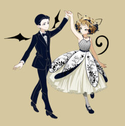 1boy 1girl animal_ears animification arm_up bat_wings batman_(series) belt black_hair bow bowtie brown_hair bruce_wayne cat_ears cat_tail dc_comics detached_wings drawn_ears drawn_tail dress earrings formal_clothes full_body gotham_(series) green_eyes hairband holding_hands jacket jewelry long_sleeves mochikin_(jijijin) necklace pants selina_kyle short_hair sleeveless sleeveless_dress suit tail traditional_bowtie wings yellow_background