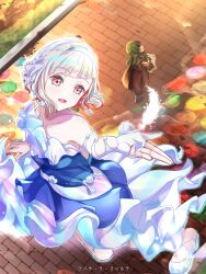 Rule 34 | 2girls, :d, bare shoulders, blue dress, collarbone, commentary, diagonal bangs, dress, feathers, frilled dress, frills, hairband, hasu no sora school uniform, highres, link! like! love live!, long hair, love live!, multicolored hair, multiple girls, official alternate costume, ogami sachi, open mouth, pink eyes, red hair, sakari (pear 8 ll), school uniform, short hair, single feather, smile, song name, strapless, strapless dress, streaked hair, tsubasa la liberte, virtual youtuber, white feathers, white hair, white hairband, winter uniform, yugiri tsuzuri