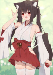 1girl :d absurdres animal_ears bell breasts brown_hair commentary_request detached_sleeves fang fox_ears fox_girl fox_shadow_puppet fox_tail fundoshi highres hinata_(user_rjkt4745) japanese_clothes jingle_bell long_hair looking_at_viewer medium_breasts miko open_mouth original paid_reward_available red_eyes skin_fang smile solo tail thighhighs twintails white_sleeves white_thighhighs wide_sleeves