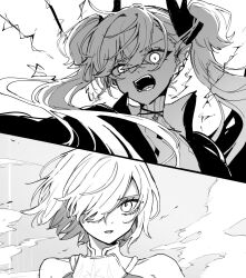 2girls fangs fate/grand_order fate_(series) greyscale hair_over_one_eye horns lilith_(fate) long_hair looking_at_viewer mash_kyrielight mo_(aabx315) monochrome multiple_girls open_mouth pointy_ears short_hair twintails