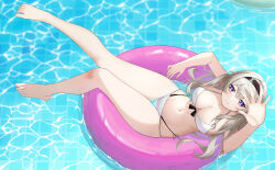 1girl absurdres alternate_costume arm_up bare_arms bare_legs bare_shoulders bikini black_hairband breasts candy_shunya chinese_commentary cleavage closed_mouth commentary firefly_(honkai:_star_rail) full_body grey_hair hair_between_eyes hairband highres honkai:_star_rail honkai_(series) large_breasts long_hair navel pink_eyes smile solo stomach swim_ring swimsuit toes water white_bikini