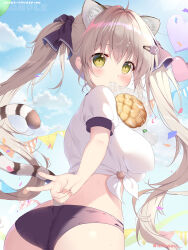 1girl ahoge animal_ear_fluff animal_ears ass balloon black_buruma black_ribbon blue_sky blush breasts buruma cat_ears cat_girl cat_tail closed_mouth commentary_request confetti cowboy_shot day fingernails floating_hair food food_in_mouth from_behind fruit green_eyes gym_uniform hair_intakes hair_ornament hair_ribbon hairclip heart heart_balloon highres impossible_clothes large_breasts light_brown_hair long_hair looking_at_viewer looking_back melon mikeou original outdoors paw_hair_ornament ribbon shirt short_sleeves sidelocks sky smile solo sports_festival sweat tail tail_raised twintails twitter_username v very_long_hair victory_pose white_shirt