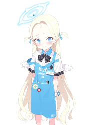 1girl angel&#039;s_24_uniform_(blue_archive) apron blonde_hair blue_apron blue_archive blue_eyes blush forehead halo highres id_card long_hair mini_wings object_in_pocket odaneru_apart pen_in_pocket pocket polo_shirt scrunchie simple_background solo sora_(blue_archive) very_long_hair white_background white_wings wings wrist_scrunchie