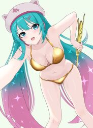 1girl absurdres animal_hat aqua_eyes aqua_hair bikini blush breasts cat_hat fortnite futatunoniji gold_bikini gradient_hair hair_between_eyes hair_ornament hairclip hat hatsune_miku headset highres long_hair medium_breasts multicolored_hair navel neko_hatsune_miku open_mouth pink_hair pink_hat solo stomach swimsuit two-tone_hair vocaloid
